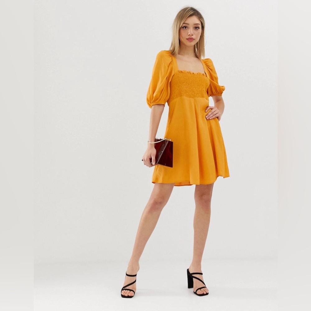 ASOS DESIGN Yellow Shirred Bustier Mini Skater Dress With Puff Sleeve